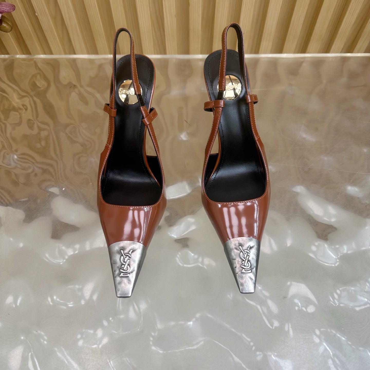 YSL 25S HIGH-HEEL SLINGBACKS 105 MM IN REDWOOD BROWN LAMBSKIN AND SILVER HARDWARE - 35