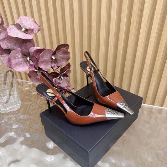 YSL 25S HIGH-HEEL SLINGBACKS 85 MM IN REDWOOD BROWN LAMBSKIN AND SILVER HARDWARE - 35