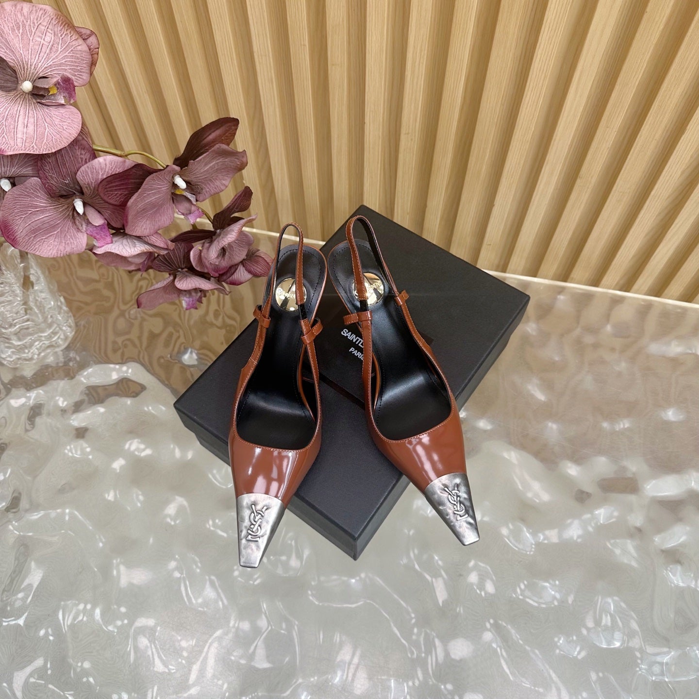 YSL 25S HIGH-HEEL SLINGBACKS 85 MM IN REDWOOD BROWN LAMBSKIN AND SILVER HARDWARE - 35