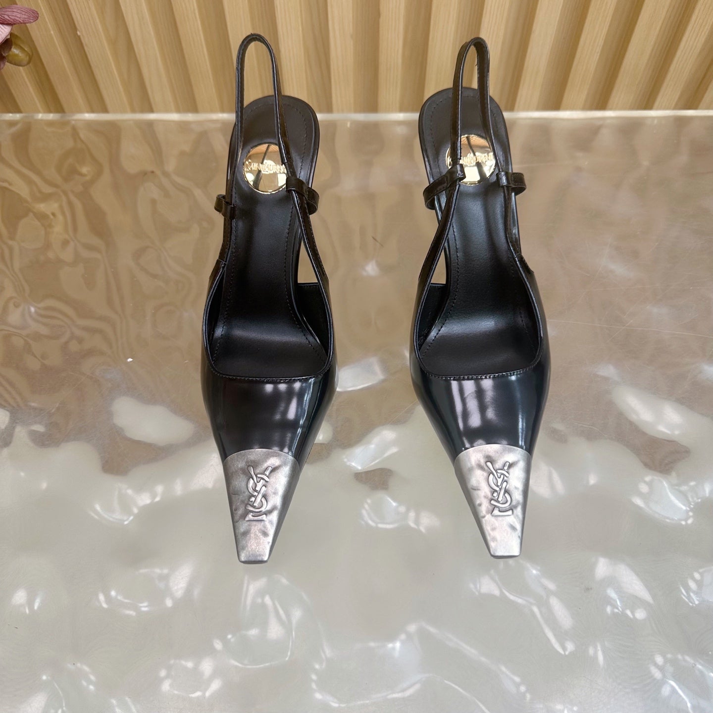 YSL 25S HIGH-HEEL SLINGBACKS 85 MM IN BLACK SHINY LAMBSKIN AND SILVER HARDWARE - 35