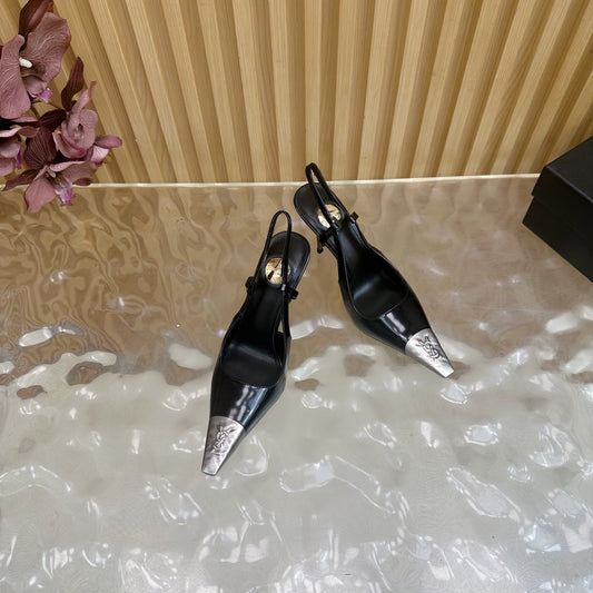 YSL 25S HIGH-HEEL SLINGBACKS 105 MM IN BLACK SHINY LAMBSKIN AND SILVER HARDWARE - 35