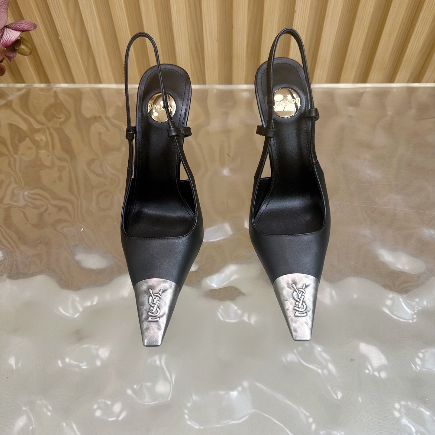 YSL 25S HIGH-HEEL SLINGBACKS 105 MM IN BLACK LAMBSKIN AND SILVER HARDWARE - 35