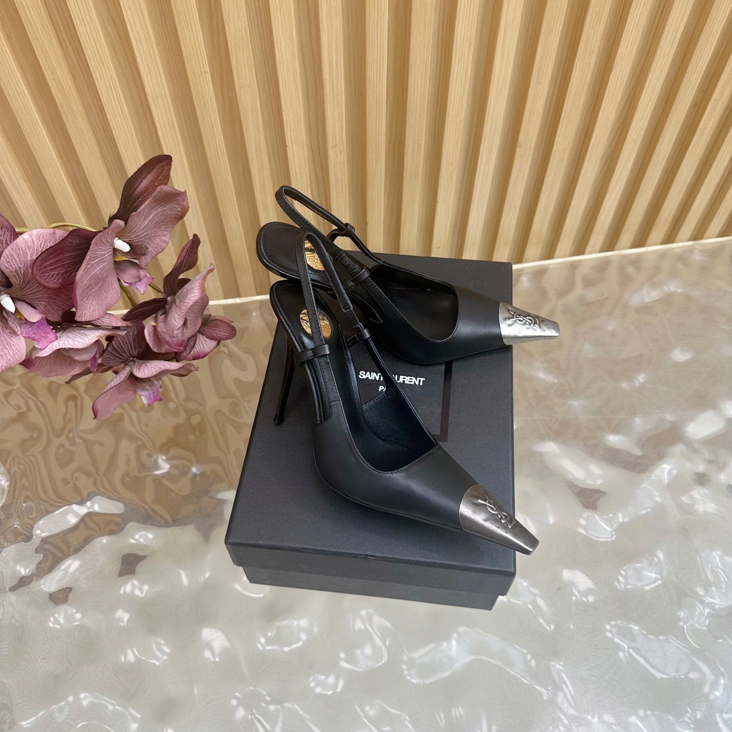 YSL 25S HIGH-HEEL SLINGBACKS 105 MM IN BLACK LAMBSKIN AND SILVER HARDWARE - 35