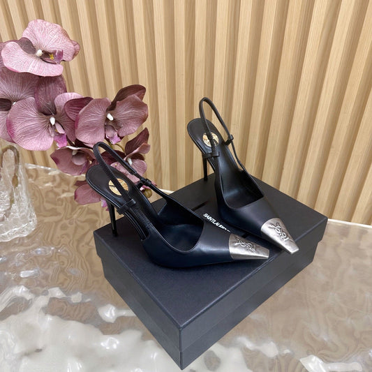 YSL 25S HIGH-HEEL SLINGBACKS 85 MM IN BLACK LAMBSKIN AND SILVER HARDWARE - 35