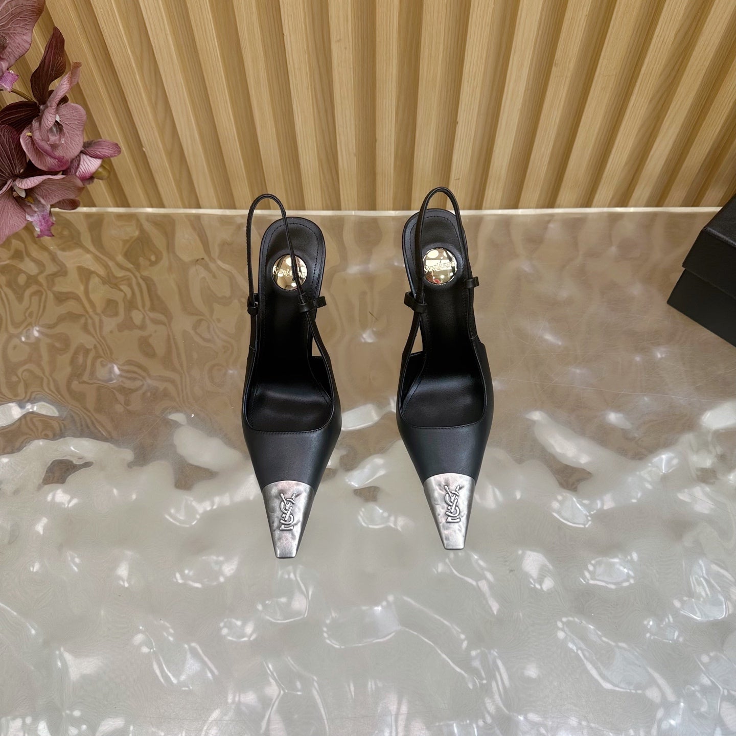 YSL 25S HIGH-HEEL SLINGBACKS 105 MM IN BLACK LAMBSKIN AND SILVER HARDWARE - 35