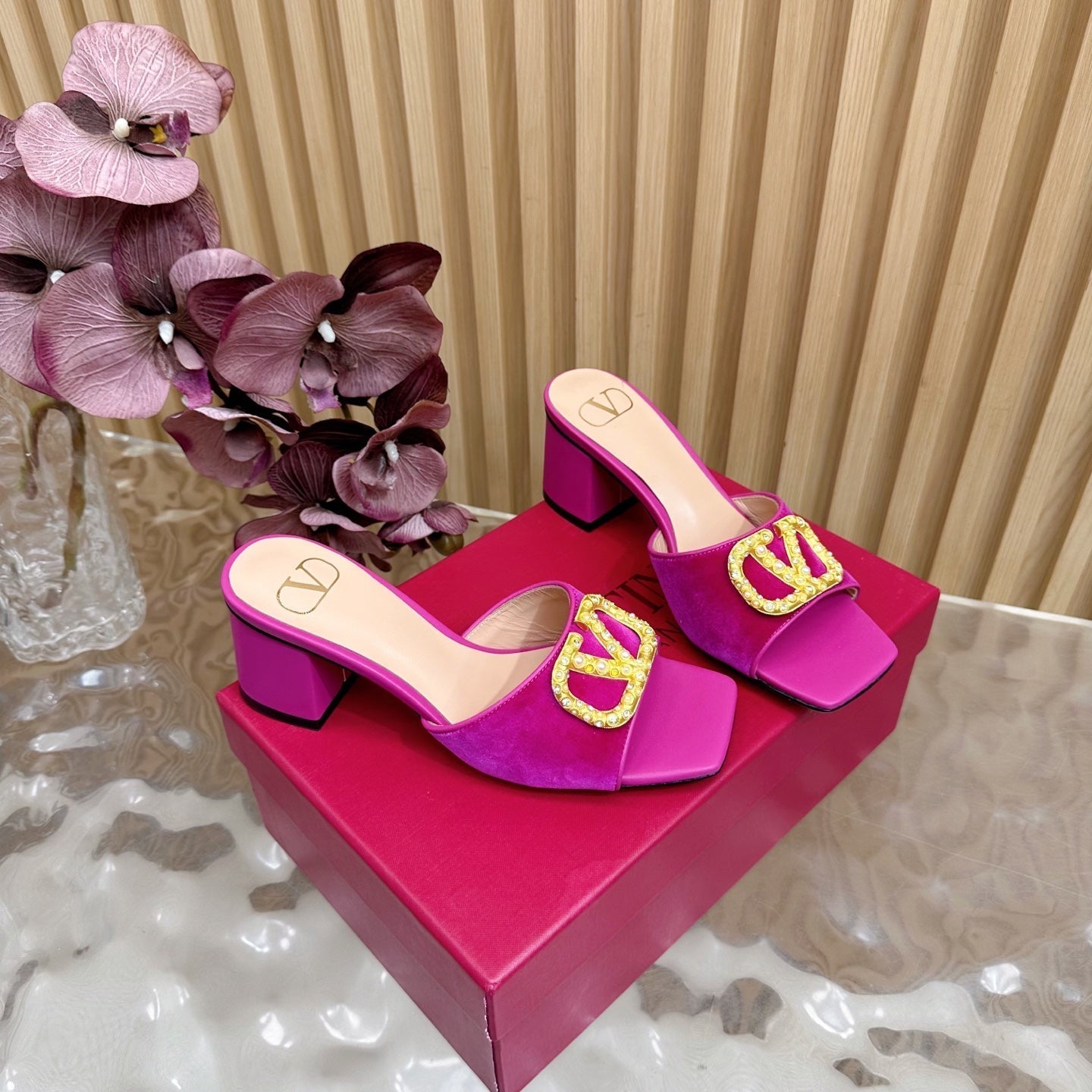 VALENTINO 25S HIGH-HEEL MULES 60 MM IN DARK PINK VELVET AND CALFSKIN WITH GOLD HARDWARE - 35