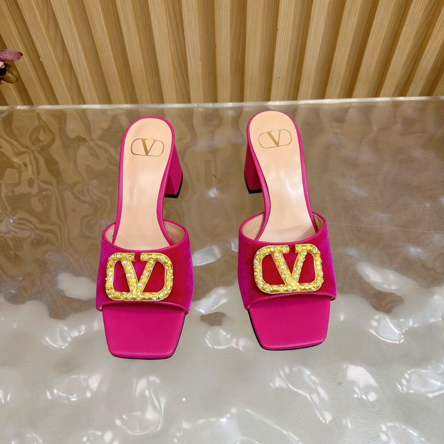 VALENTINO 25S HIGH-HEEL MULES 60 MM IN DARK PINK VELVET AND CALFSKIN WITH GOLD HARDWARE - 35