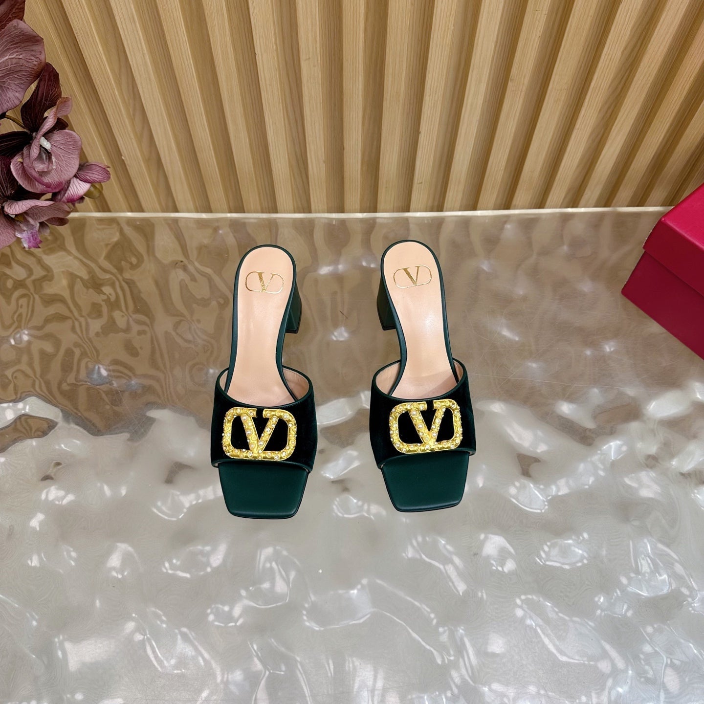 VALENTINO 25S HIGH-HEEL MULES 60 MM IN DARK GREEN VELVET AND CALFSKIN WITH GOLD HARDWARE - 35