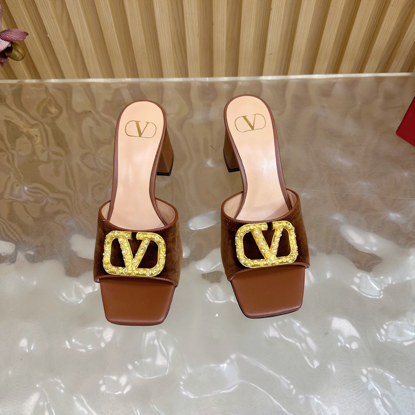 VALENTINO 25S HIGH-HEEL MULES 60 MM IN BROWN VELVET AND CALFSKIN WITH GOLD HARDWARE - 35