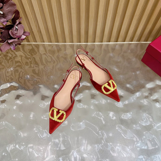VALENTINO 25S FLAT SLINGBACKS IN RED VELVET WITH GOLD HARDWARE - 35