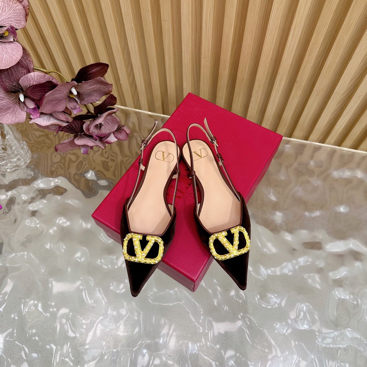 VALENTINO 25S FLAT SLINGBACKS IN DARK BROWN VELVET WITH GOLD HARDWARE - 35
