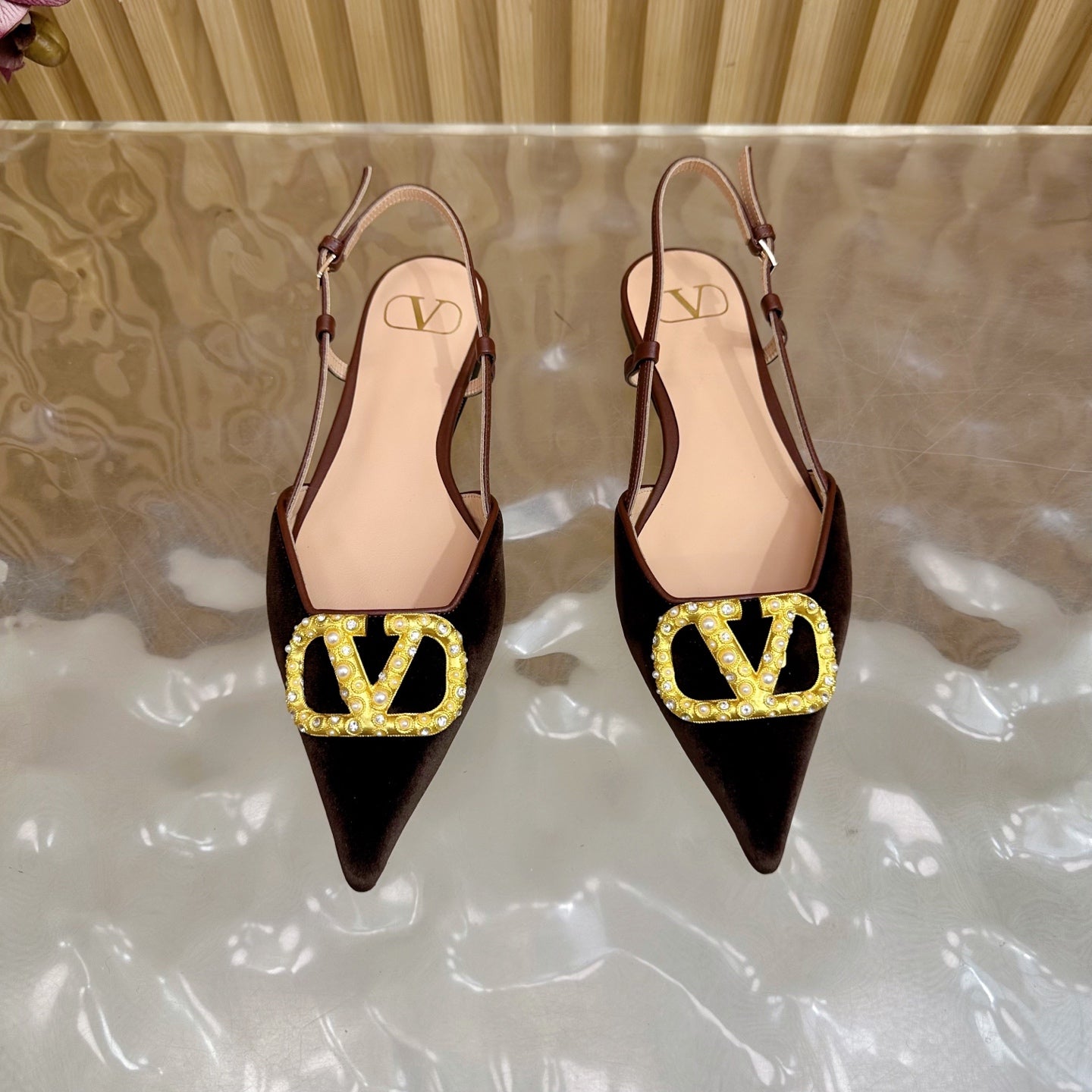 VALENTINO 25S FLAT SLINGBACKS IN DARK BROWN VELVET WITH GOLD HARDWARE - 35