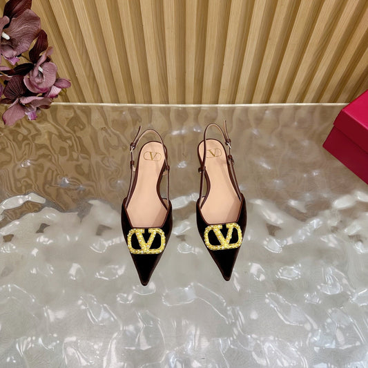 VALENTINO 25S FLAT SLINGBACKS IN DARK BROWN VELVET WITH GOLD HARDWARE - 35
