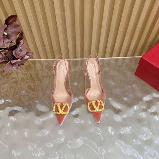 VALENTINO 25S HIGH-HEEL SLINGBACKS IN ORANGE VELVET WITH GOLD HARDWARE - 35 / 4 cm