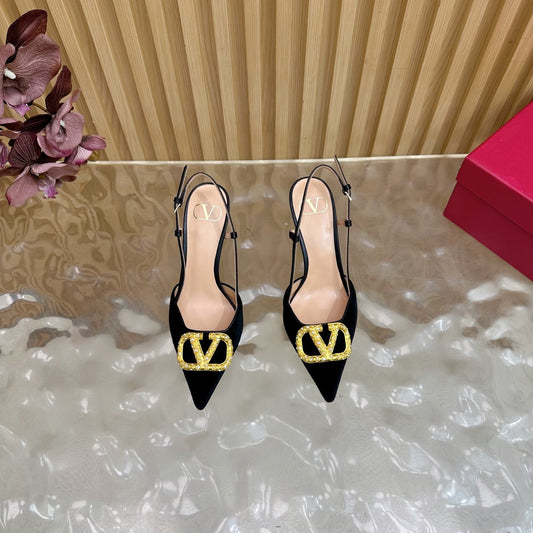 VALENTINO 25S HIGH-HEEL SLINGBACKS IN BLACK VELVET WITH GOLD HARDWARE - 35 / 4 cm