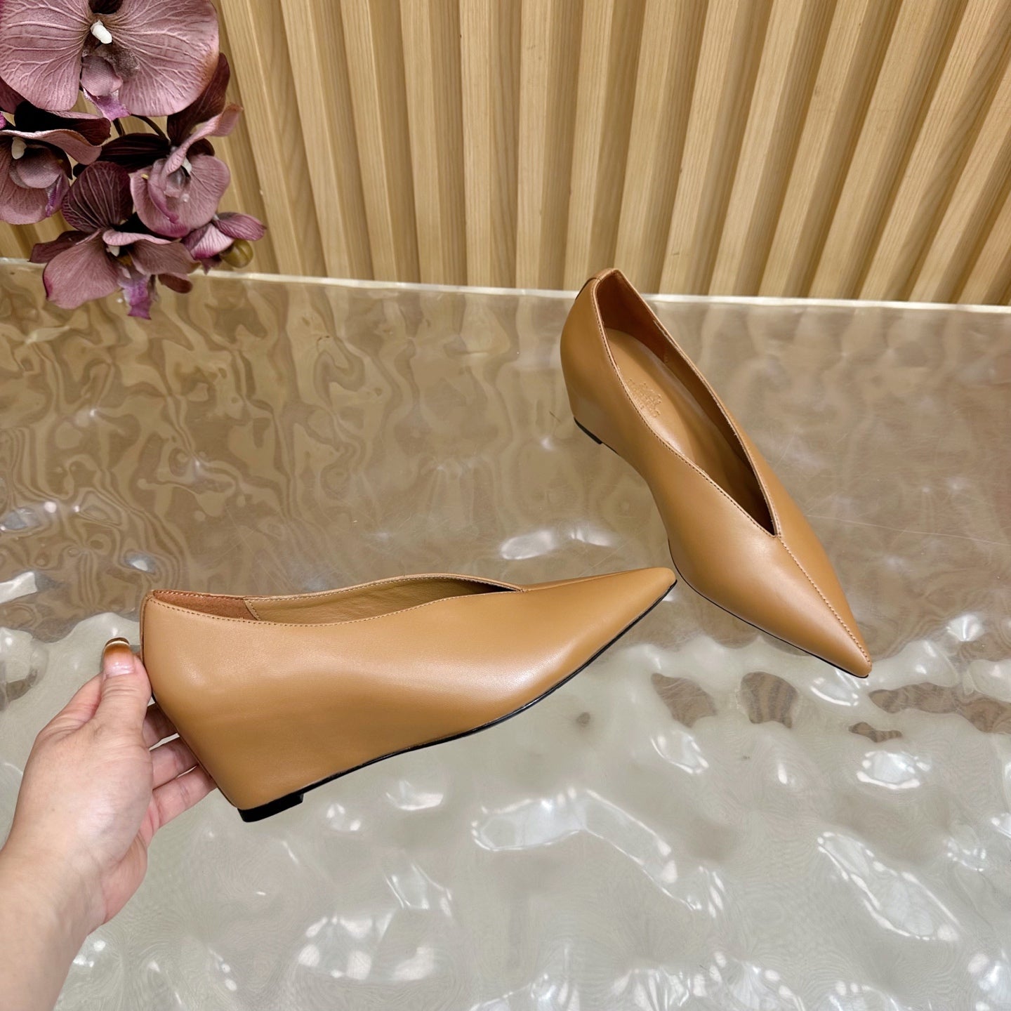 HM 25S HIGH-HEEL WEDGE SHOES 50 MM IN BROWN LAMBSKIN - 35