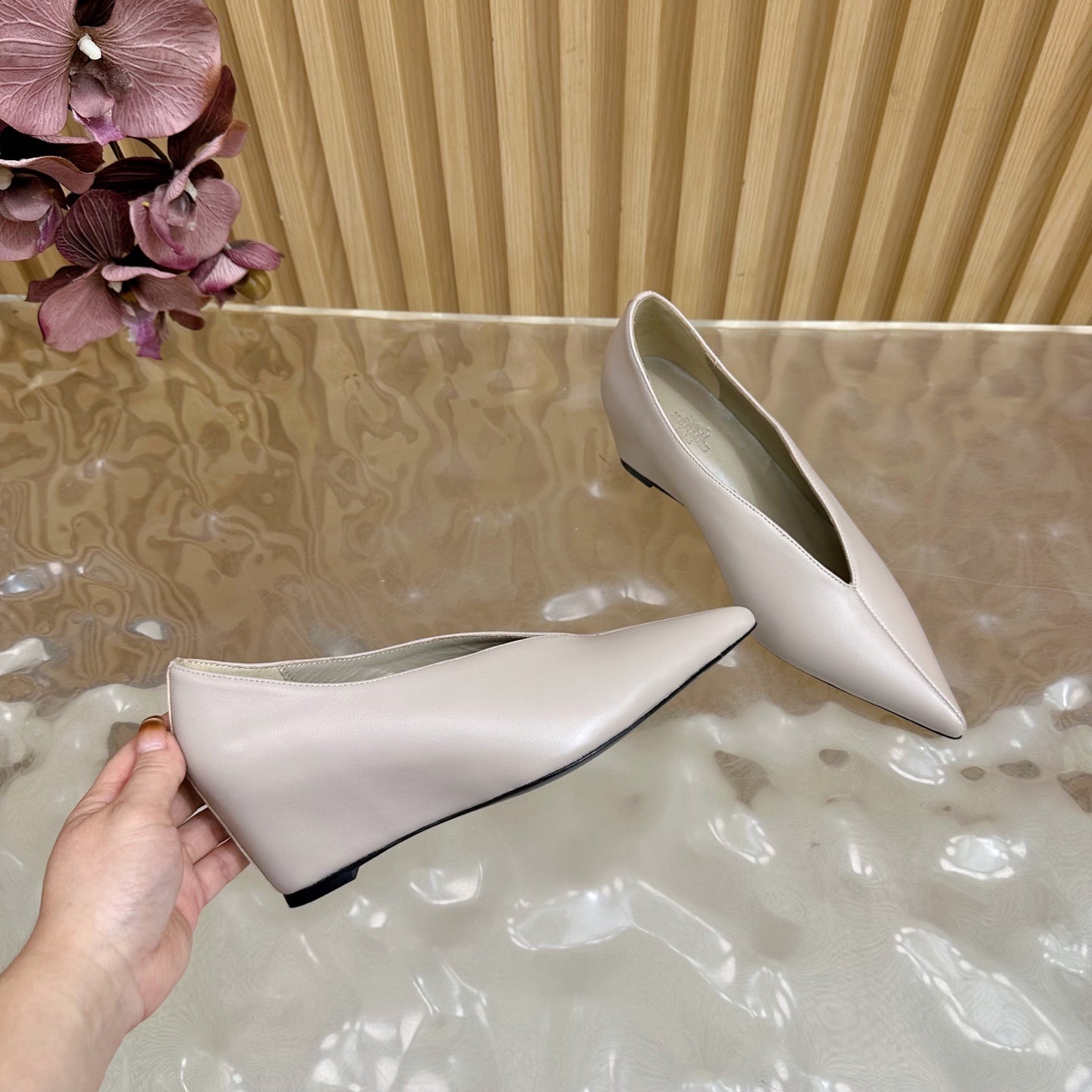 HM 25S HIGH-HEEL WEDGE SHOES 50 MM IN PALE PINK BEIGE LAMBSKIN - 35