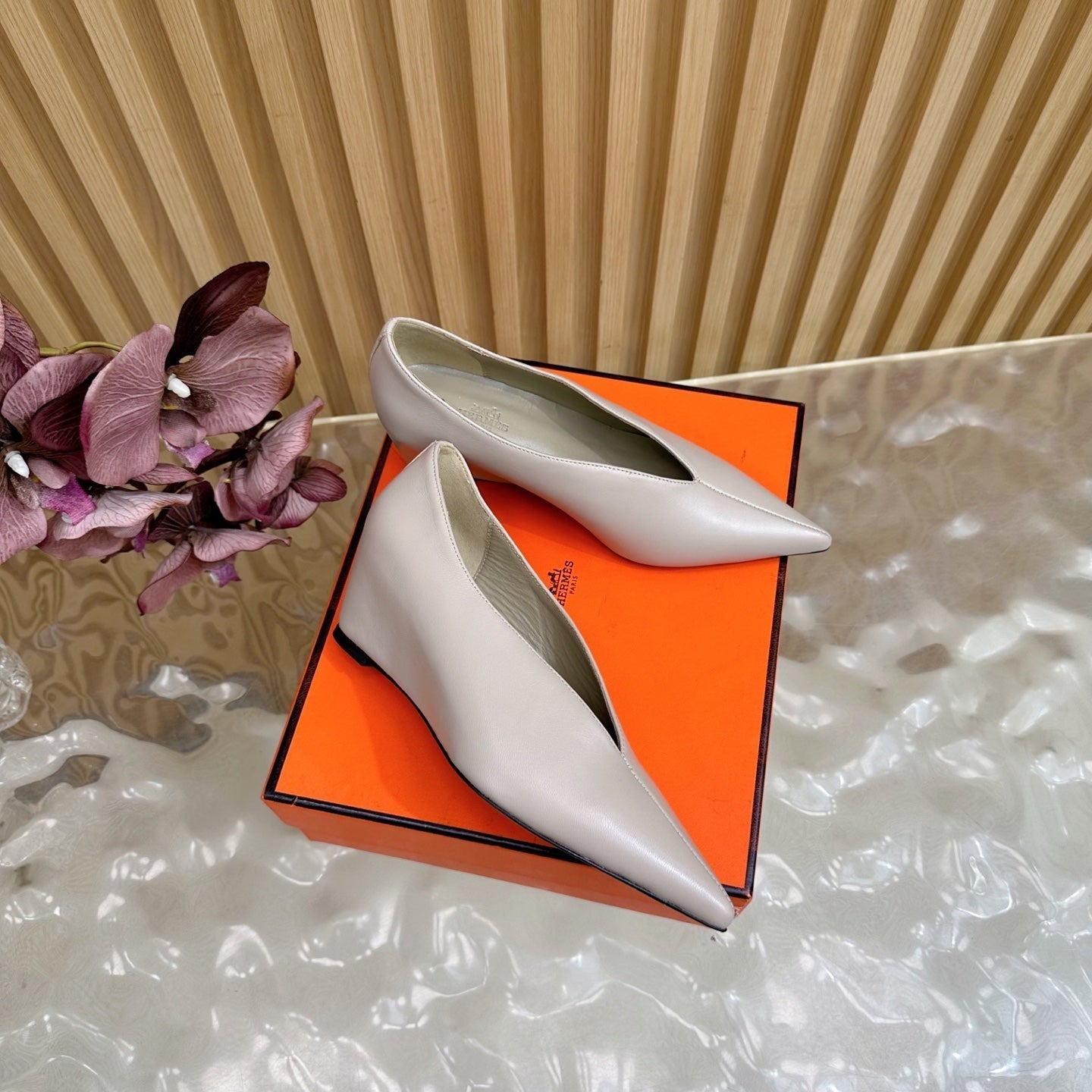 HM 25S HIGH-HEEL WEDGE SHOES 50 MM IN PALE PINK BEIGE LAMBSKIN - 35