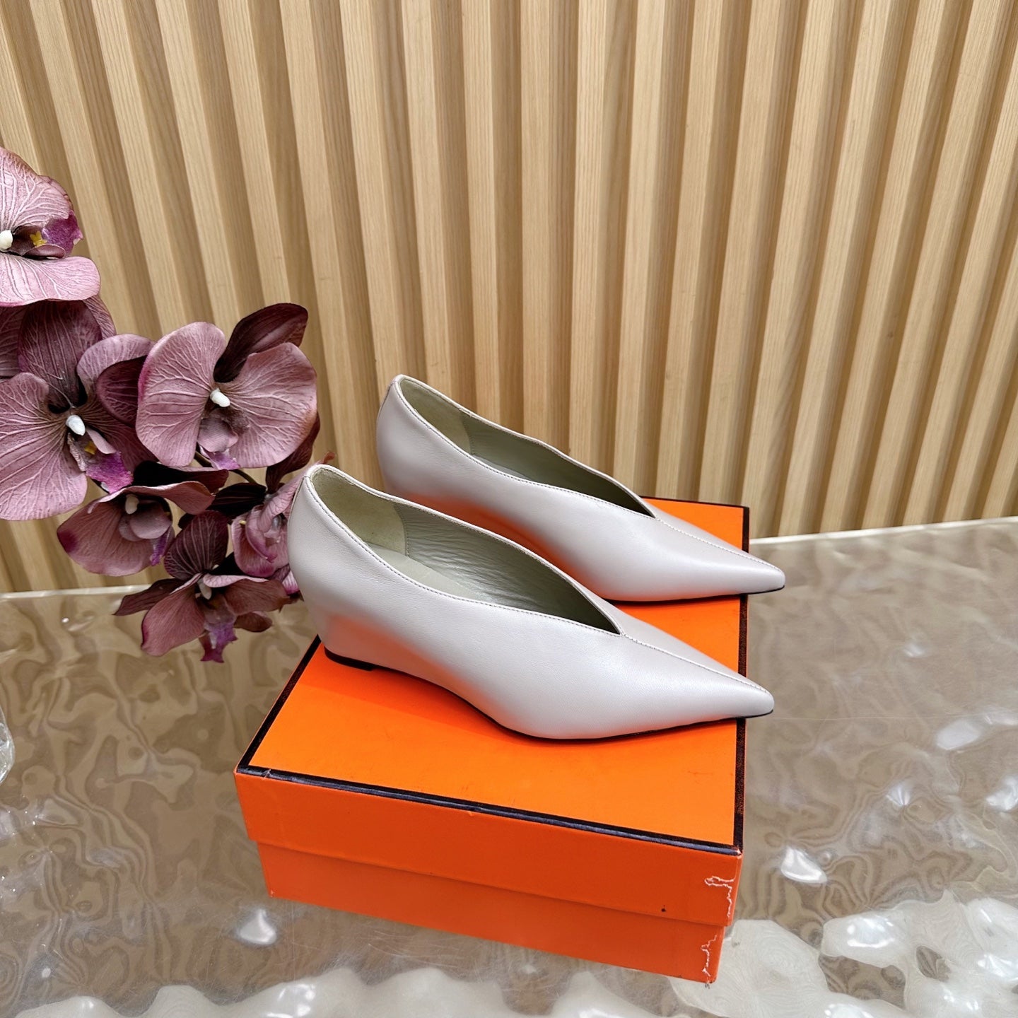 HM 25S HIGH-HEEL WEDGE SHOES 50 MM IN PALE PINK BEIGE LAMBSKIN - 35