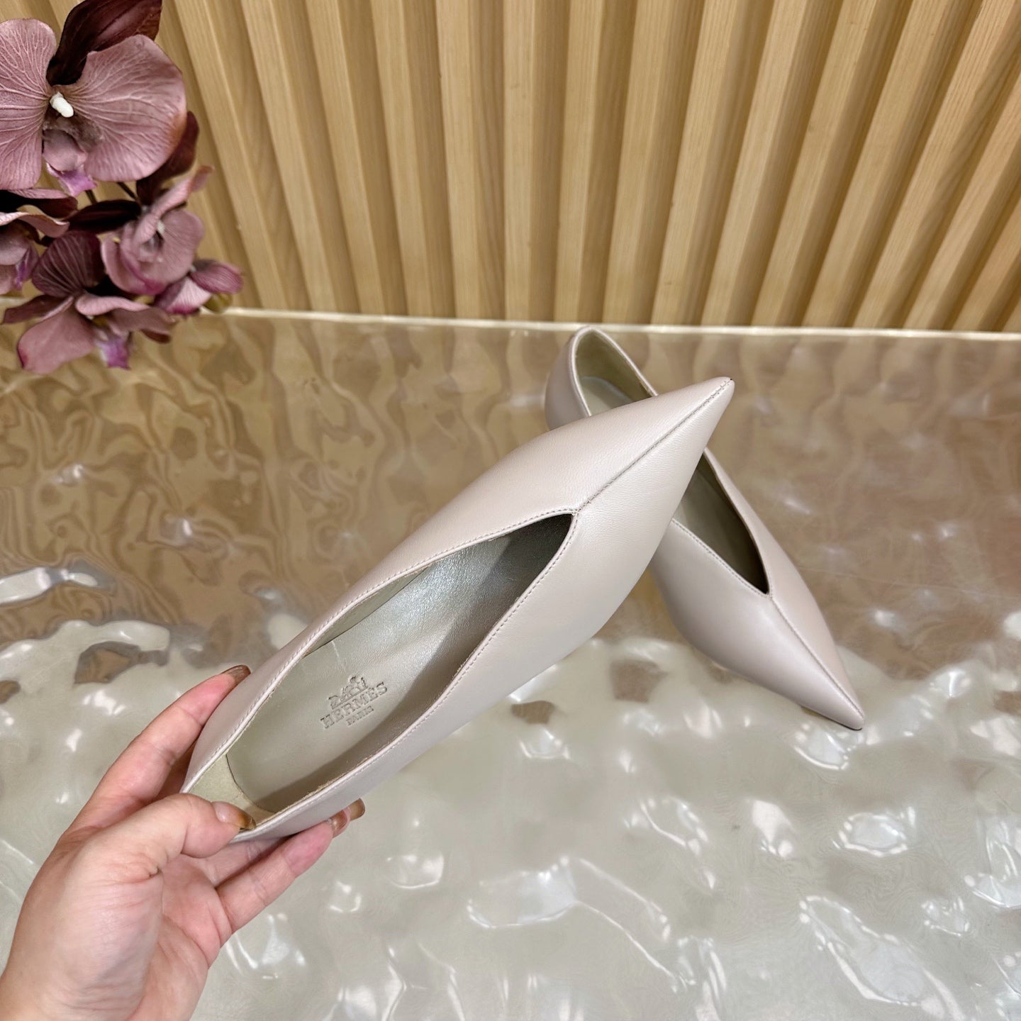 HM 25S HIGH-HEEL WEDGE SHOES 50 MM IN PALE PINK BEIGE LAMBSKIN - 35