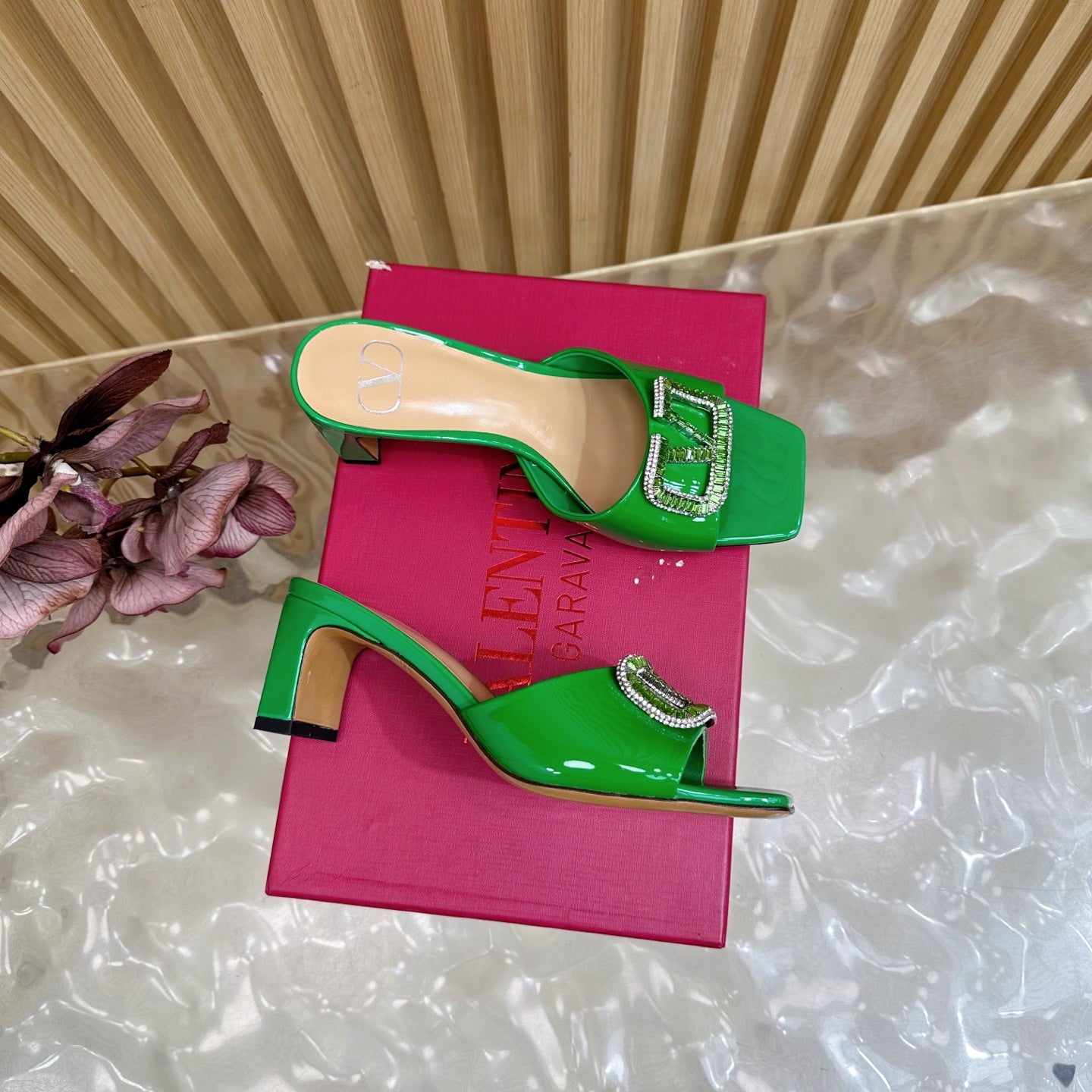 VALENTINO 25S HIGH-HEEL MULES 60 MM IN GREEN PATENT CALFSKIN WITH CRYSTAL-EMBELLISHED STRAP - 35