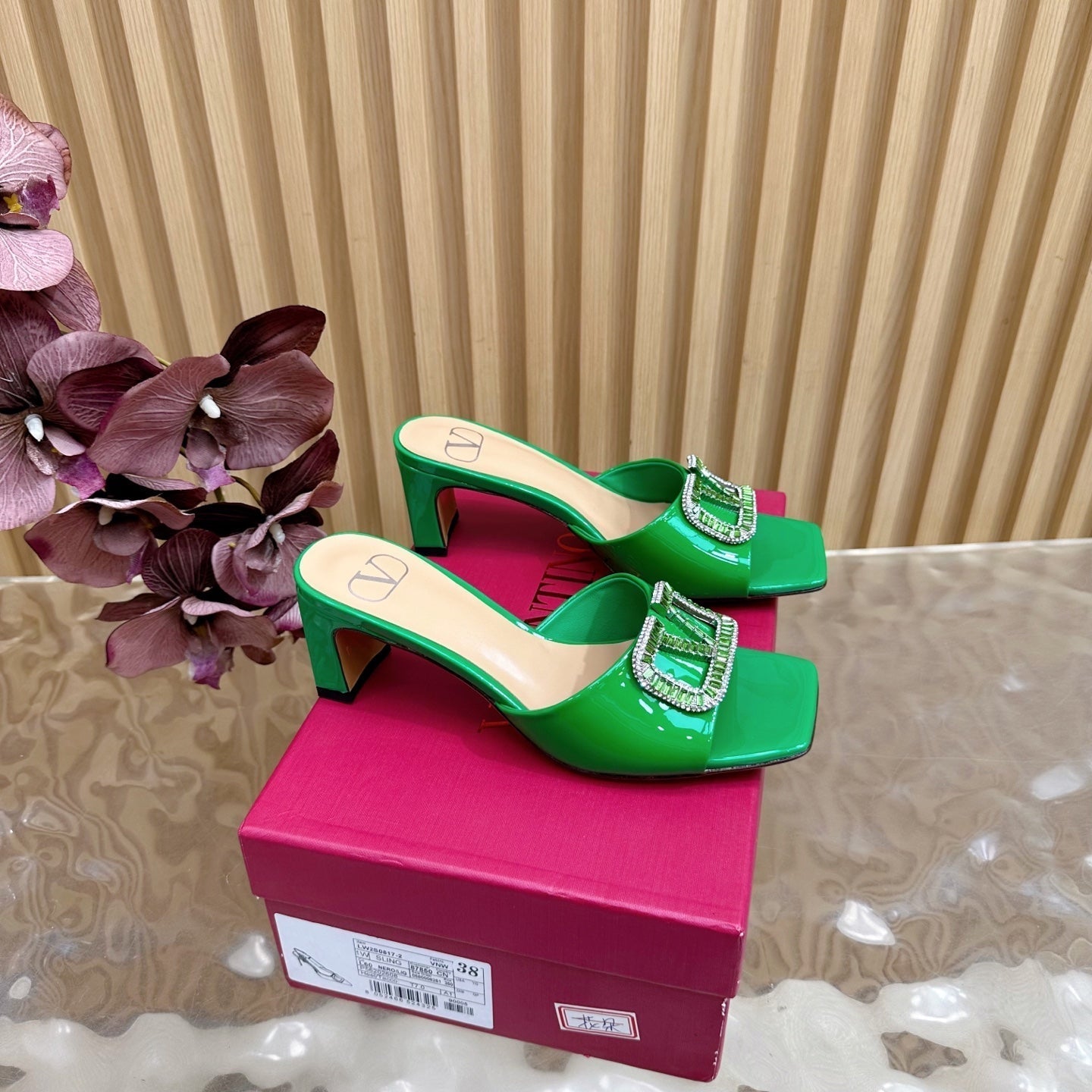 VALENTINO 25S HIGH-HEEL MULES 60 MM IN GREEN PATENT CALFSKIN WITH CRYSTAL-EMBELLISHED STRAP - 35