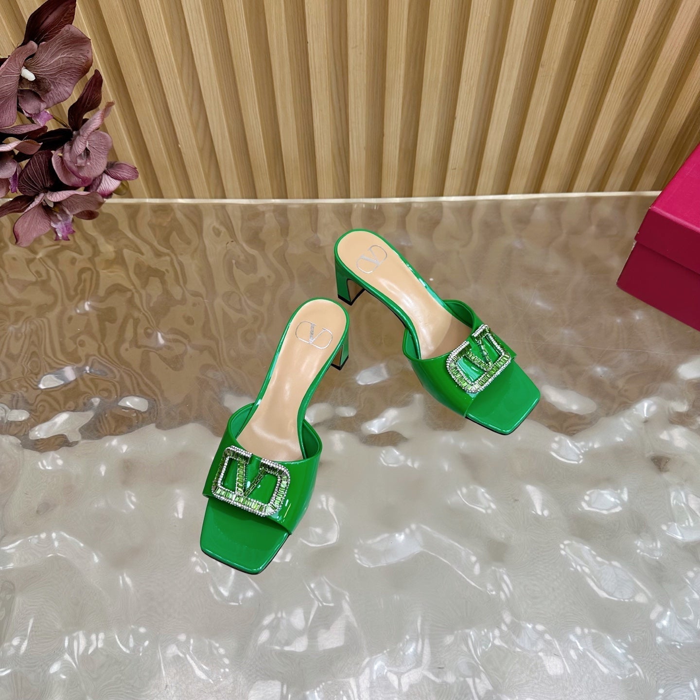 VALENTINO 25S HIGH-HEEL MULES 60 MM IN GREEN PATENT CALFSKIN WITH CRYSTAL-EMBELLISHED STRAP - 35