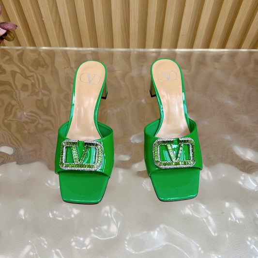 VALENTINO 25S HIGH-HEEL MULES 60 MM IN GREEN PATENT CALFSKIN WITH CRYSTAL-EMBELLISHED STRAP - 35