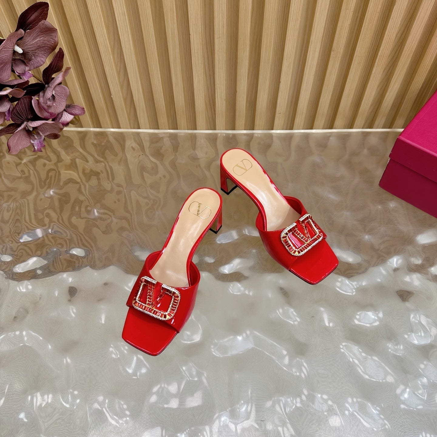 VALENTINO 25S HIGH-HEEL MULES 60 MM IN RED PATENT CALFSKIN WITH CRYSTAL-EMBELLISHED STRAP - 35