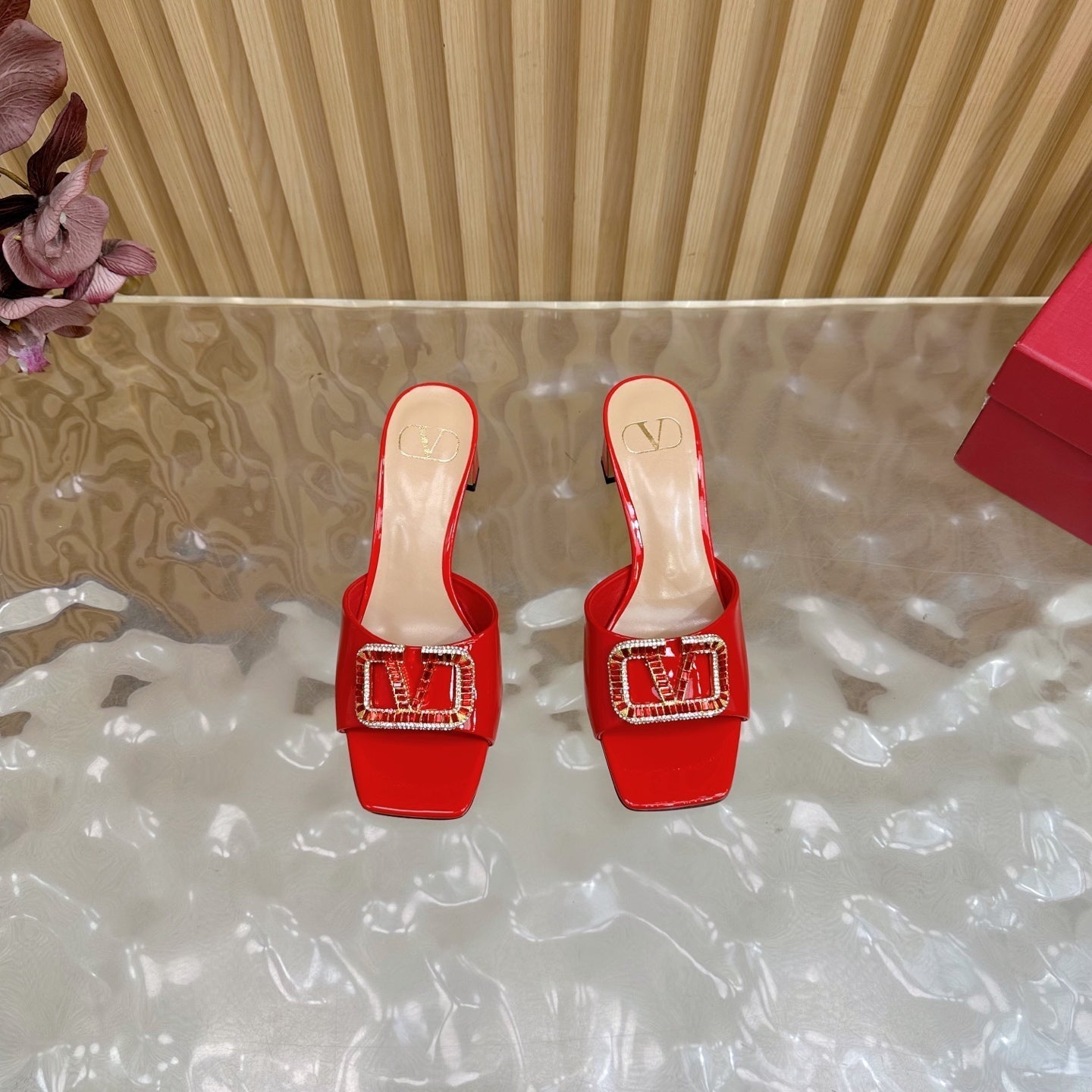 VALENTINO 25S HIGH-HEEL MULES 60 MM IN RED PATENT CALFSKIN WITH CRYSTAL-EMBELLISHED STRAP - 35