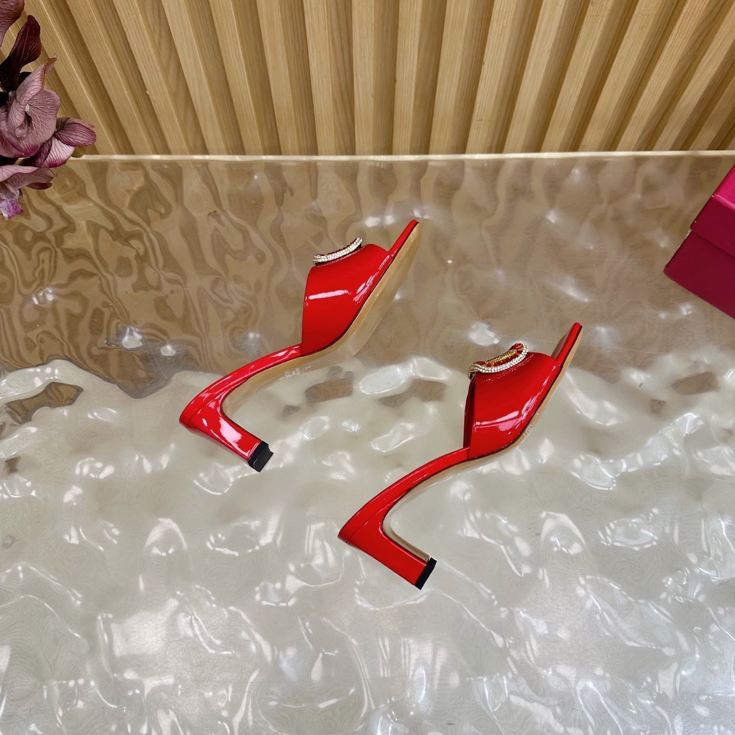 VALENTINO 25S HIGH-HEEL MULES 60 MM IN RED PATENT CALFSKIN WITH CRYSTAL-EMBELLISHED STRAP - 35