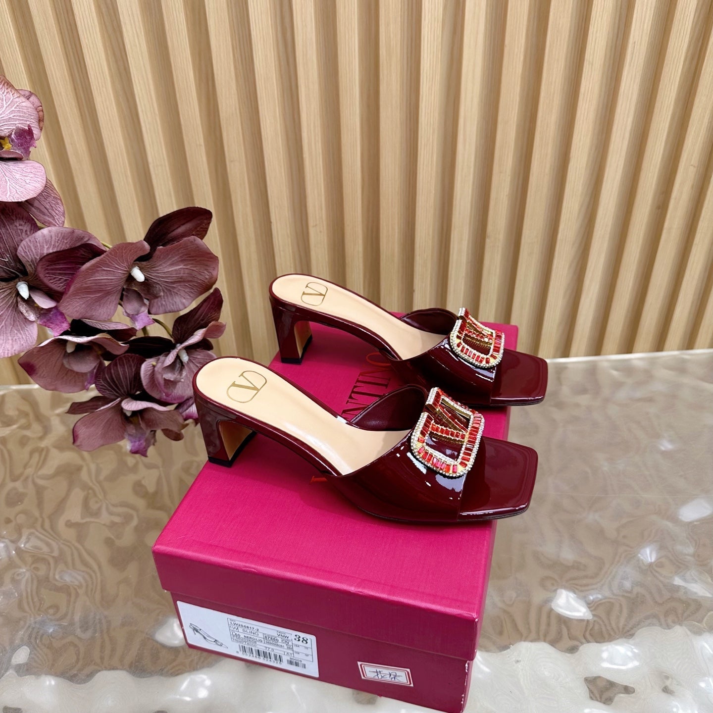 VALENTINO 25S HIGH-HEEL MULES 60 MM IN DARK RED PATENT CALFSKIN WITH CRYSTAL-EMBELLISHED STRAP - 35