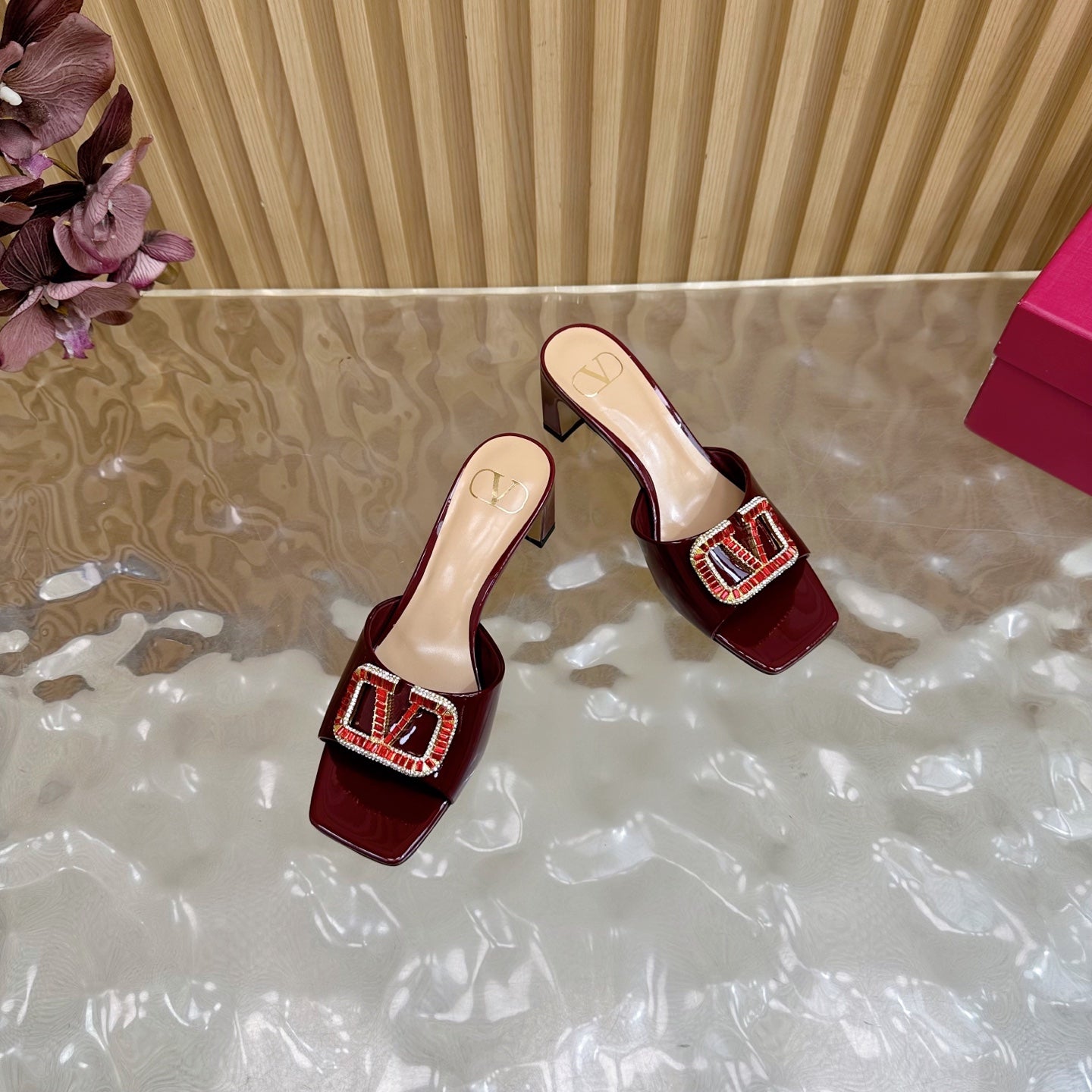 VALENTINO 25S HIGH-HEEL MULES 60 MM IN DARK RED PATENT CALFSKIN WITH CRYSTAL-EMBELLISHED STRAP - 35
