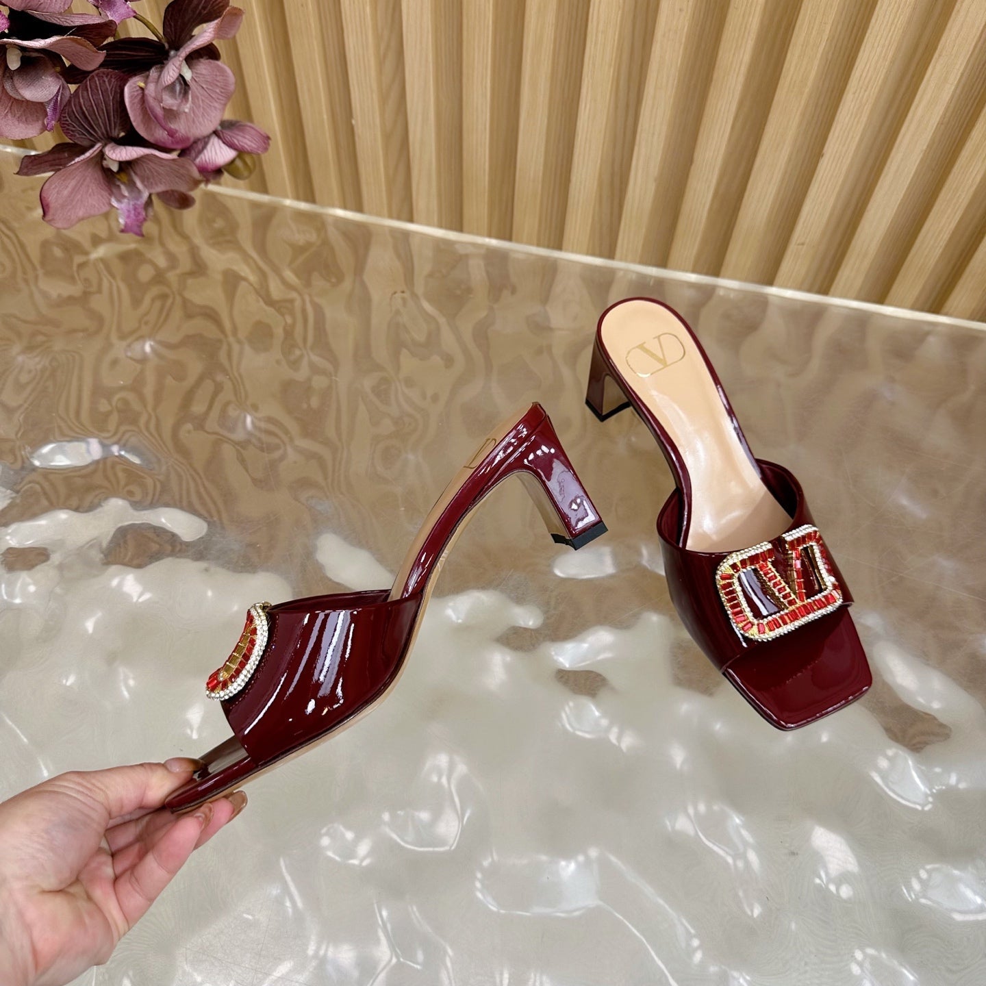 VALENTINO 25S HIGH-HEEL MULES 60 MM IN DARK RED PATENT CALFSKIN WITH CRYSTAL-EMBELLISHED STRAP - 35