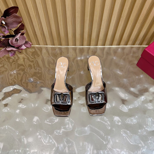 VALENTINO 25S HIGH-HEEL MULES 60 MM IN METALLIC SILVER PATENT CALFSKIN WITH CRYSTAL-EMBELLISHED STRAP - 35