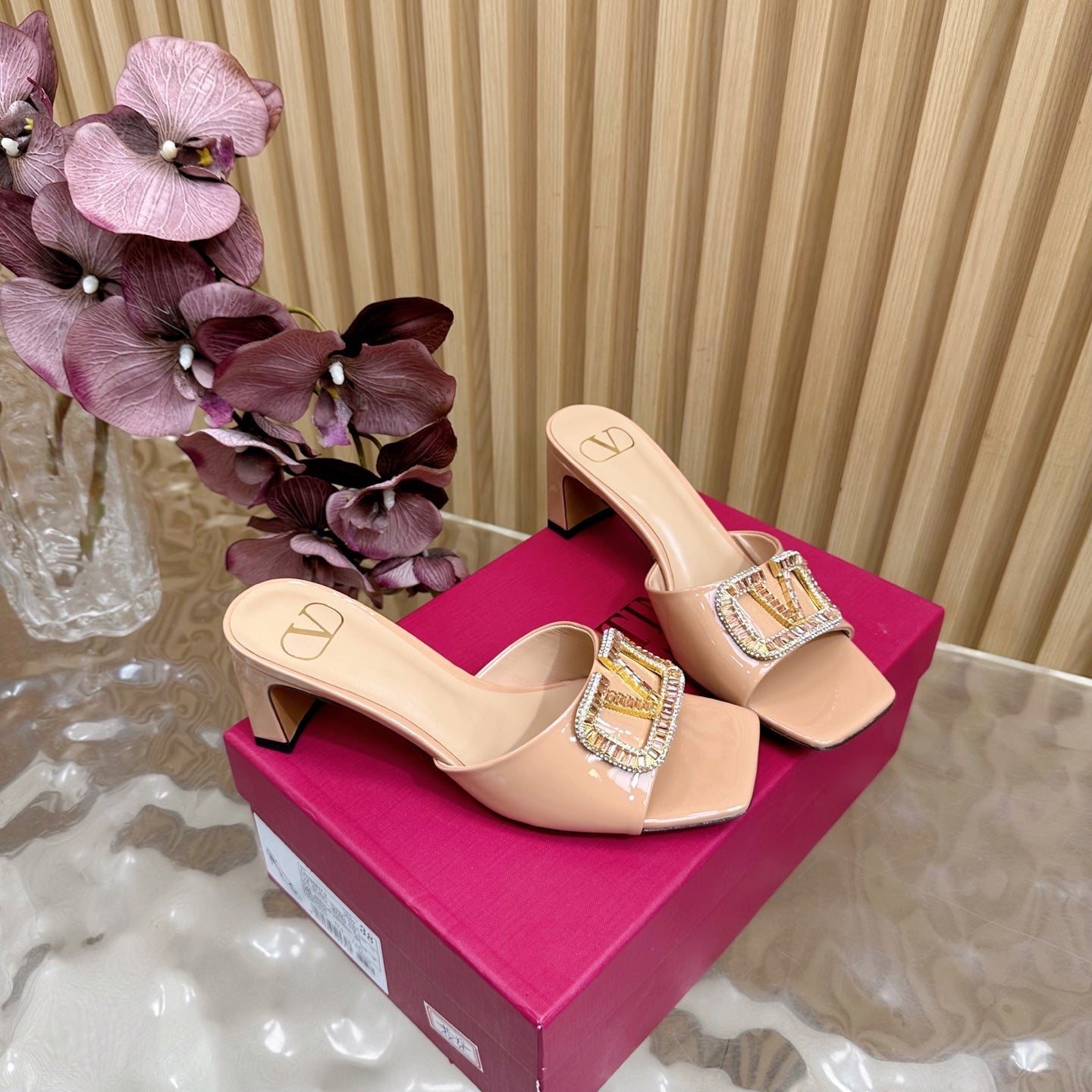 VALENTINO 25S HIGH-HEEL MULES 60 MM IN WARM BEIGE PATENT CALFSKIN WITH CRYSTAL-EMBELLISHED STRAP - 35