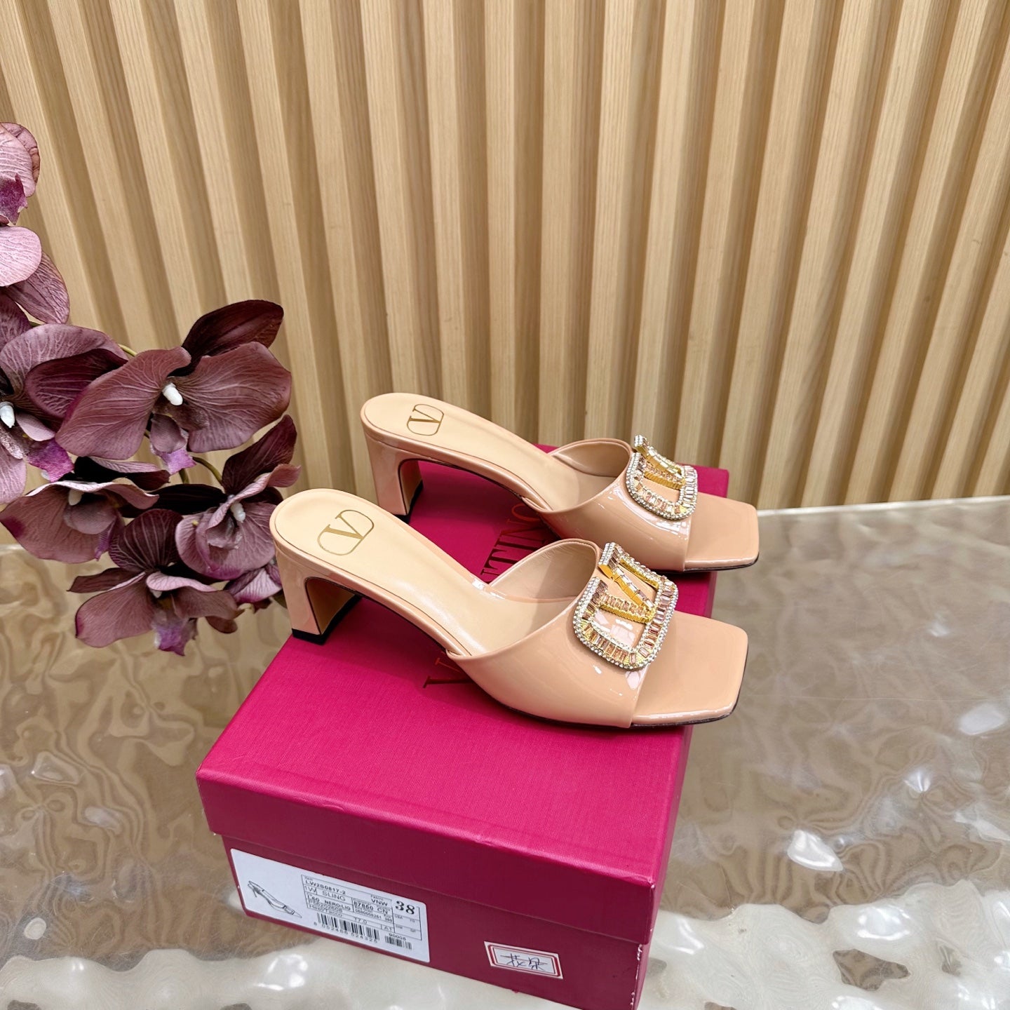 VALENTINO 25S HIGH-HEEL MULES 60 MM IN WARM BEIGE PATENT CALFSKIN WITH CRYSTAL-EMBELLISHED STRAP - 35