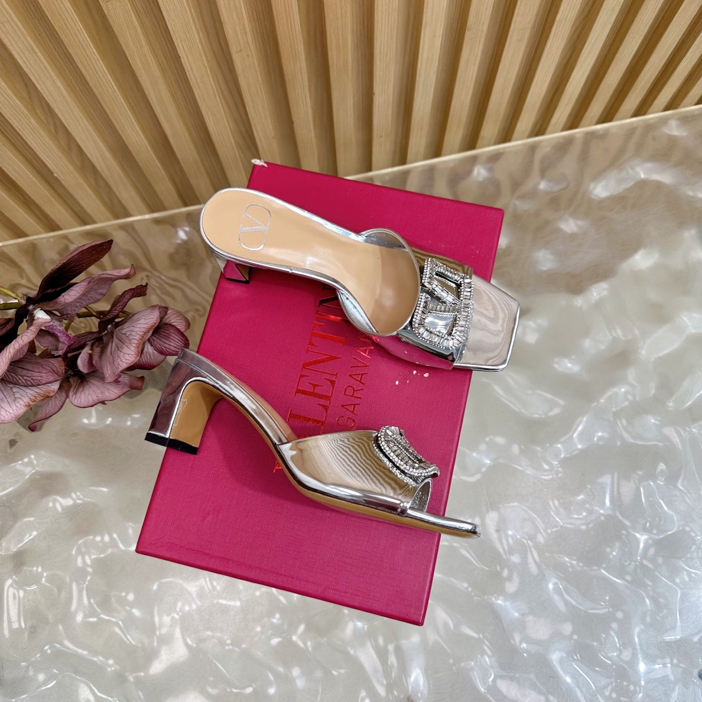VALENTINO 25S HIGH-HEEL MULES 60 MM IN SILVER PATENT CALFSKIN WITH CRYSTAL-EMBELLISHED STRAP - 35