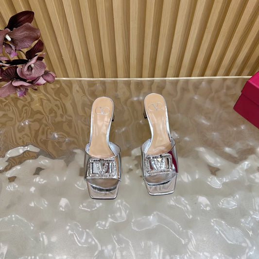 VALENTINO 25S HIGH-HEEL MULES 60 MM IN SILVER PATENT CALFSKIN WITH CRYSTAL-EMBELLISHED STRAP - 35