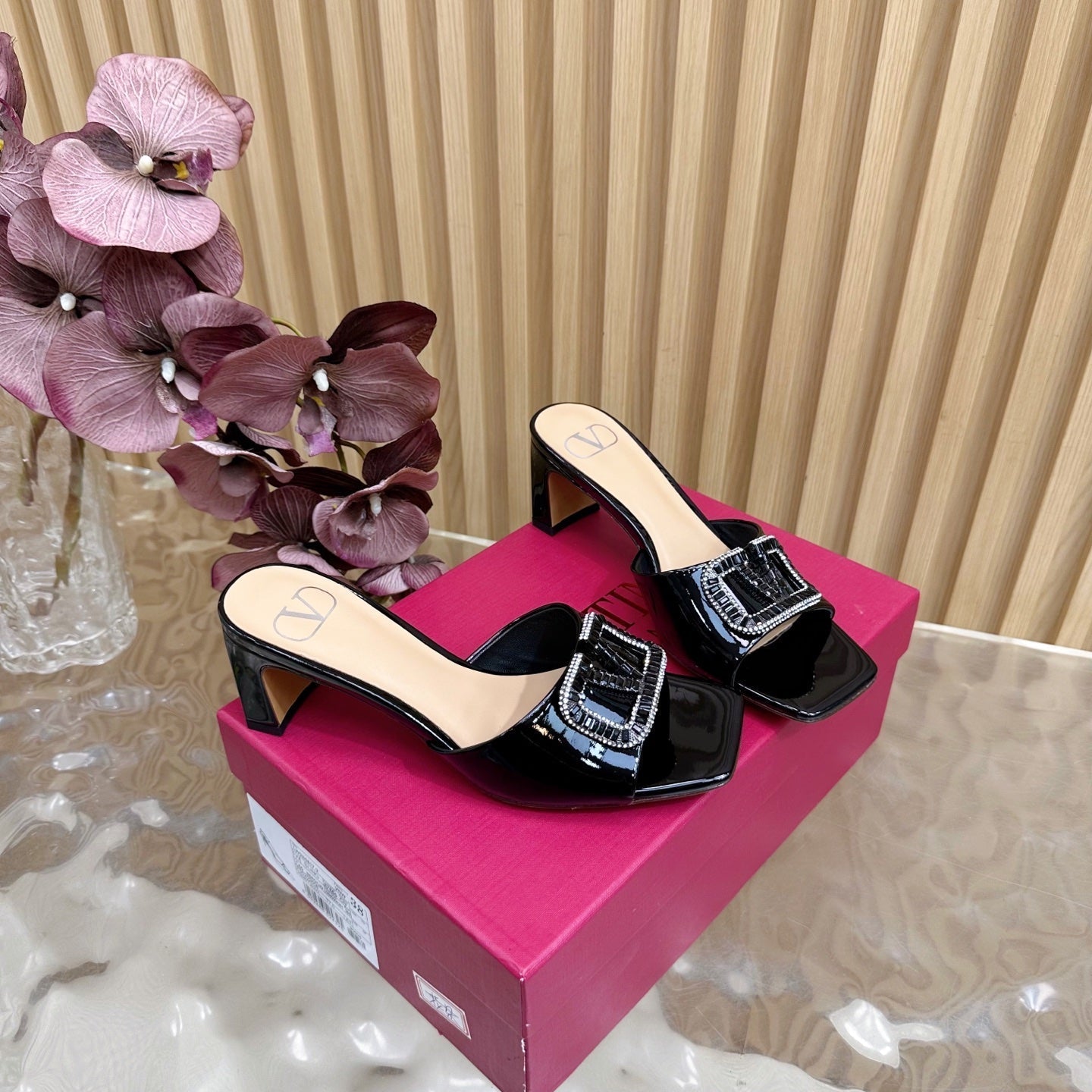 VALENTINO 25S HIGH-HEEL MULES 60 MM IN BLACK PATENT CALFSKIN WITH CRYSTAL-EMBELLISHED STRAP - 35