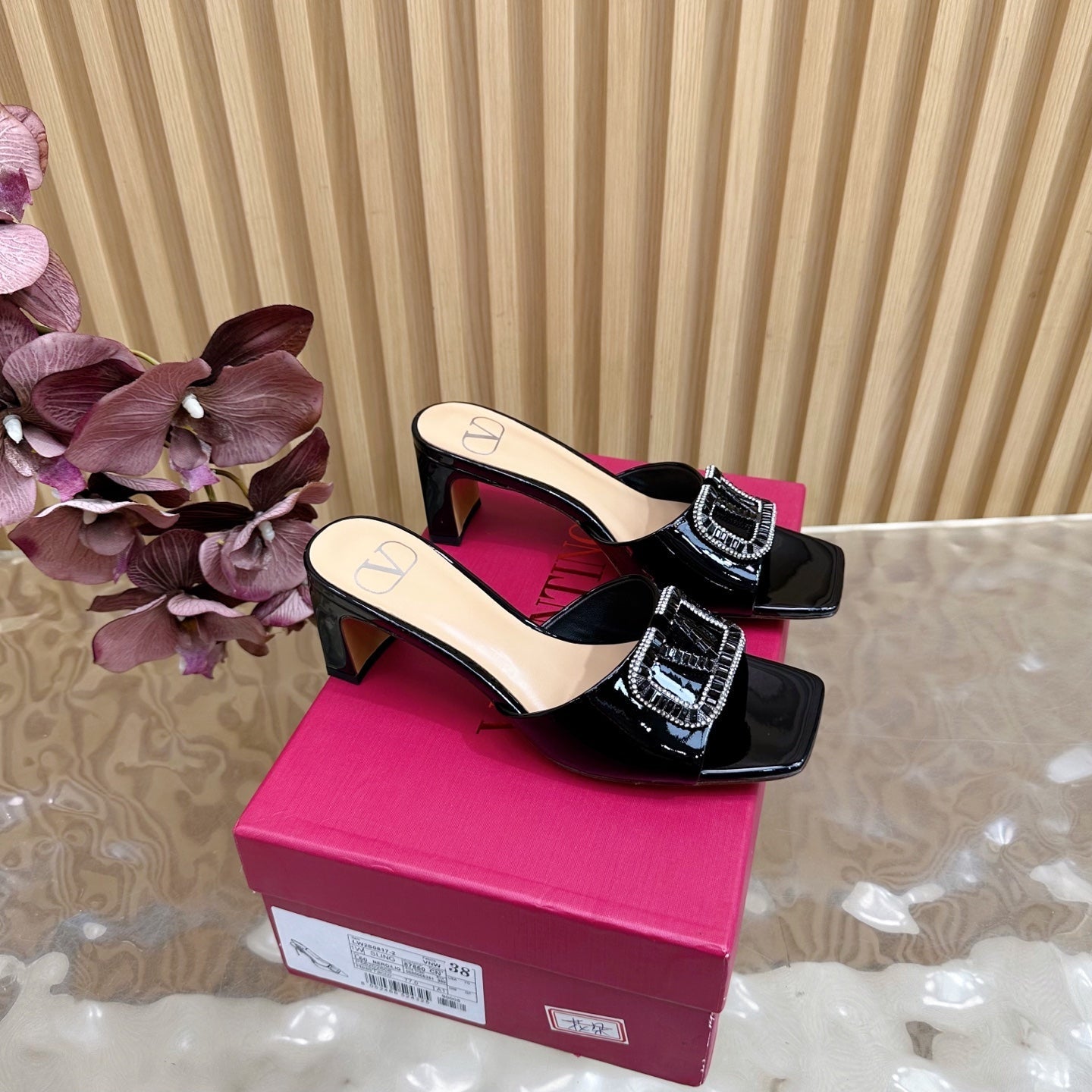 VALENTINO 25S HIGH-HEEL MULES 60 MM IN BLACK PATENT CALFSKIN WITH CRYSTAL-EMBELLISHED STRAP - 35