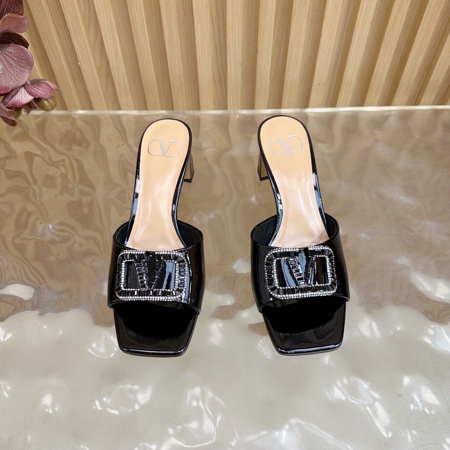 VALENTINO 25S HIGH-HEEL MULES 60 MM IN BLACK PATENT CALFSKIN WITH CRYSTAL-EMBELLISHED STRAP - 35