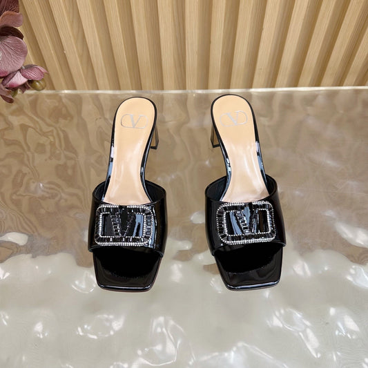 VALENTINO 25S HIGH-HEEL MULES 60 MM IN BLACK PATENT CALFSKIN WITH CRYSTAL-EMBELLISHED STRAP - 35