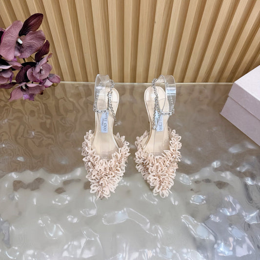 БОСОНІЖКИ JIMMY CHOO 26S НА ВИСОКИХ ПІДБОРАХ 100 ММ ІЗ ТКАНИНИ ТА ШКІРИ ЯГНЯТИ НЮДОВО-РОЖЕВОГО КОЛЬОРУ ЗІ СТРАЗАМИ