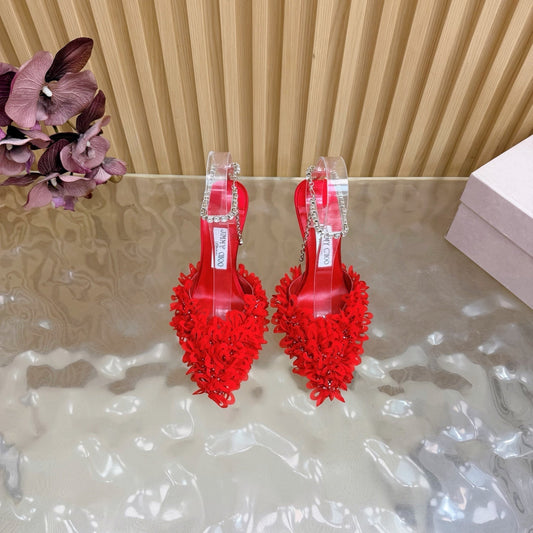 БОСОНІЖКИ JIMMY CHOO 26S НА ВИСОКОМУ КАБЛУЦІ 100 ММ ІЗ ЧЕРВОНОЇ ТКАНИНИ ТА ОВЕЧОЇ ШКІРИ ЗІ СТРАЗАМИ