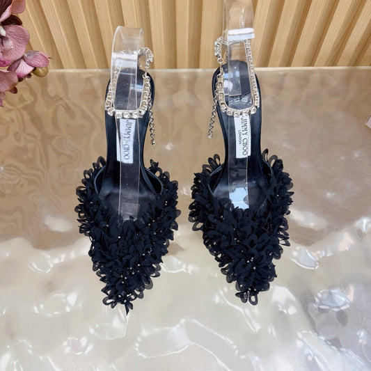 БОСОНІЖКИ JIMMY CHOO 26S НА ВИСОКИХ ПІДБОРАХ 100 ММ ІЗ ЧОРНОЇ ТКАНИНИ ТА ШКІРИ ЯГНЯТИ ЗІ СТРАЗАМИ