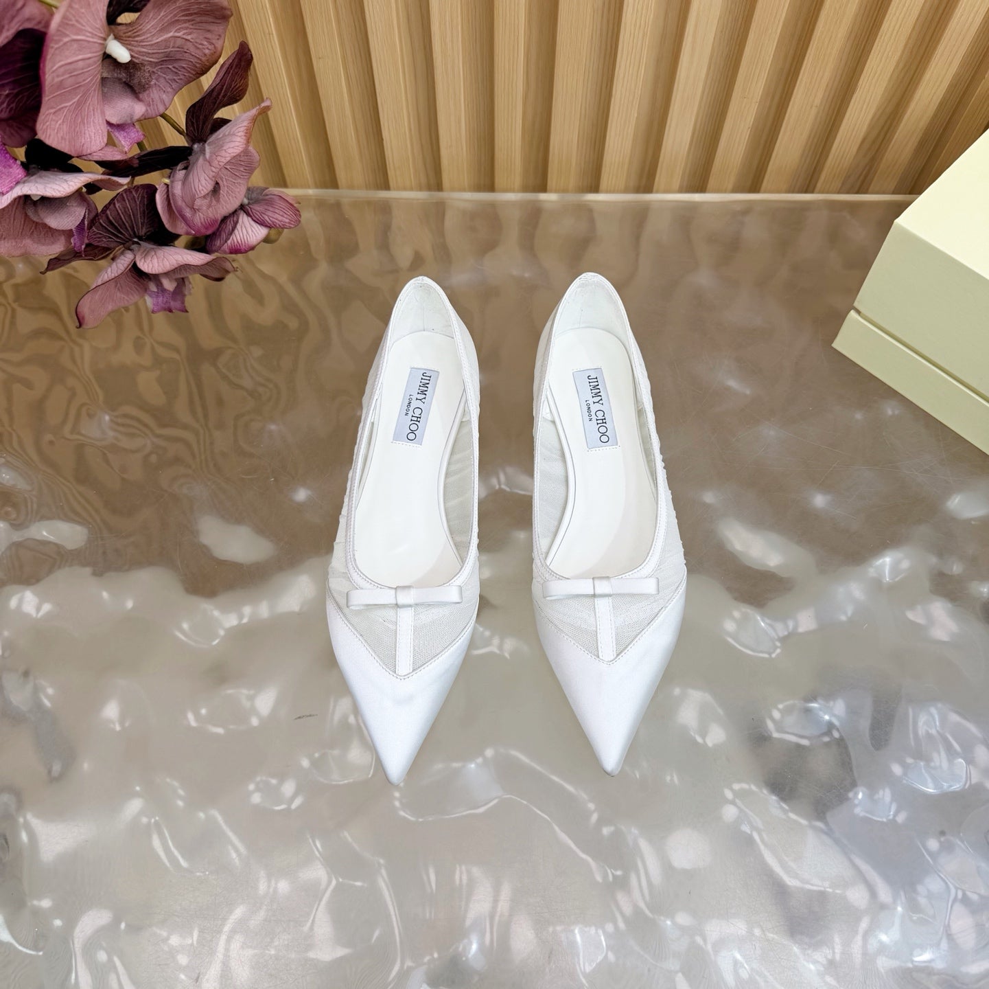 ЖІНОЧІ БАЛЕТКИ JIMMY CHOO 26S З БІЛОЇ СІТКИ ТА АТЛАСУ