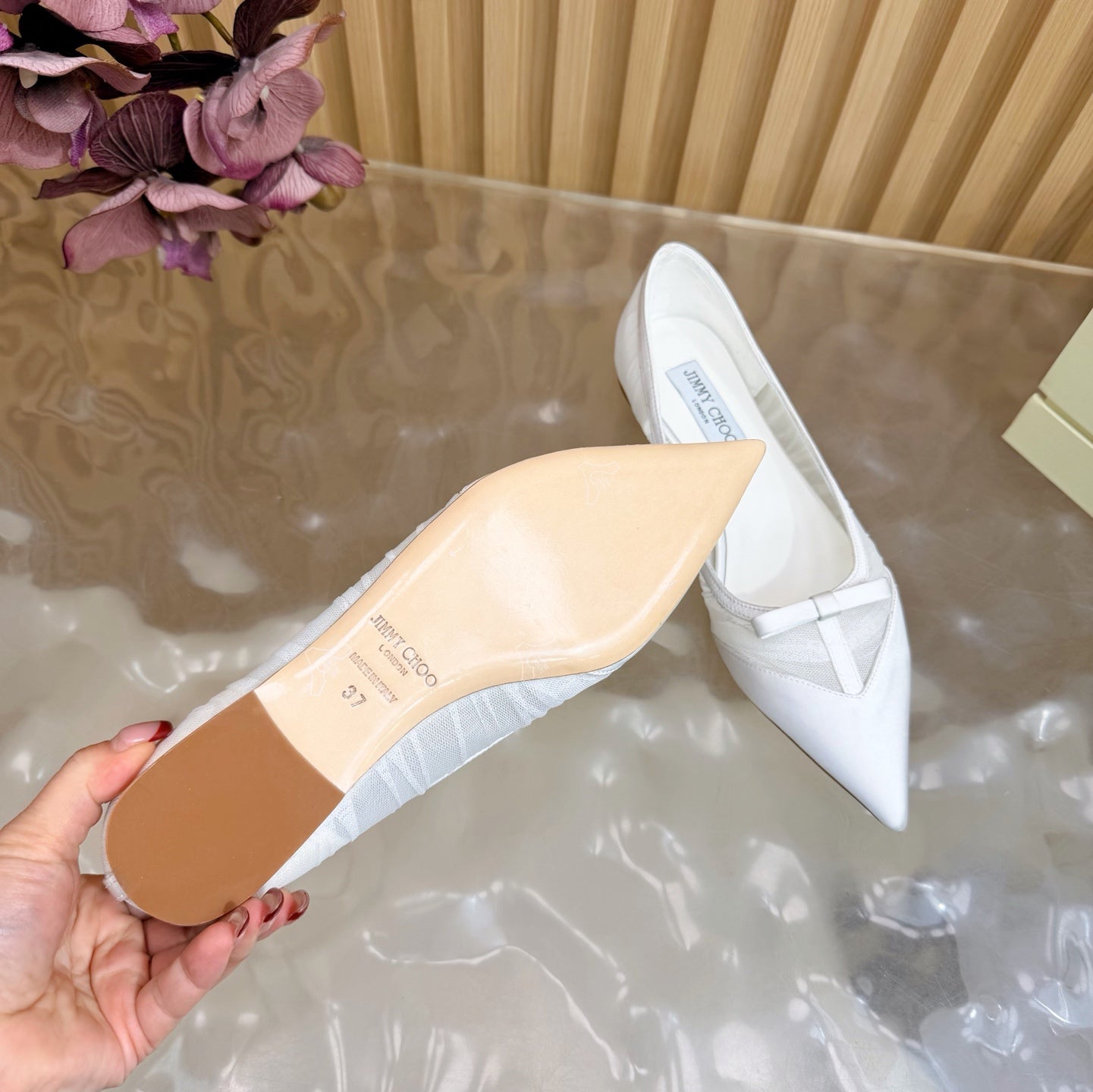 ЖІНОЧІ БАЛЕТКИ JIMMY CHOO 26S З БІЛОЇ СІТКИ ТА АТЛАСУ