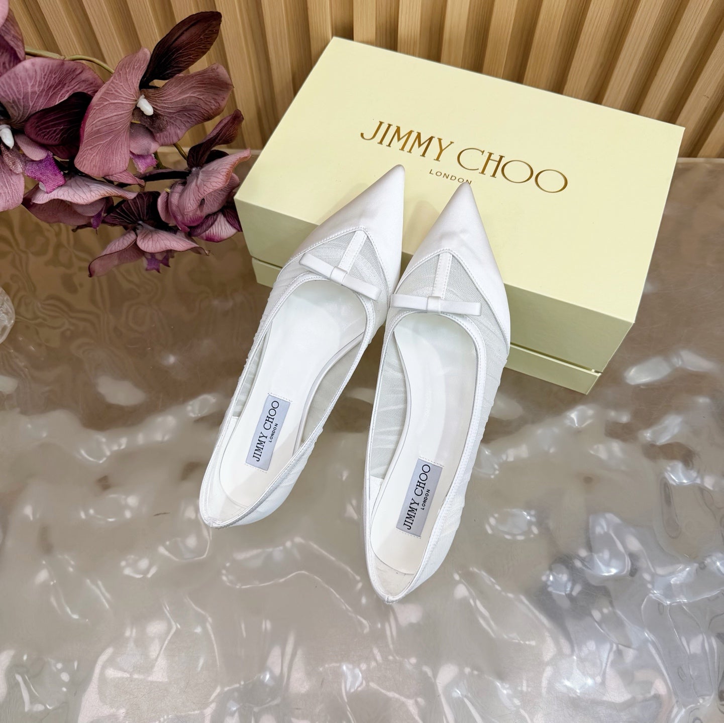 ЖІНОЧІ БАЛЕТКИ JIMMY CHOO 26S З БІЛОЇ СІТКИ ТА АТЛАСУ