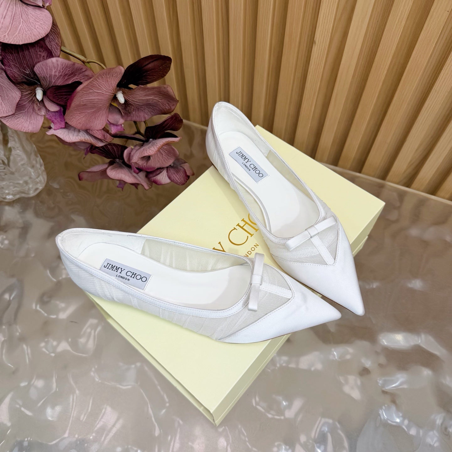 ЖІНОЧІ БАЛЕТКИ JIMMY CHOO 26S З БІЛОЇ СІТКИ ТА АТЛАСУ